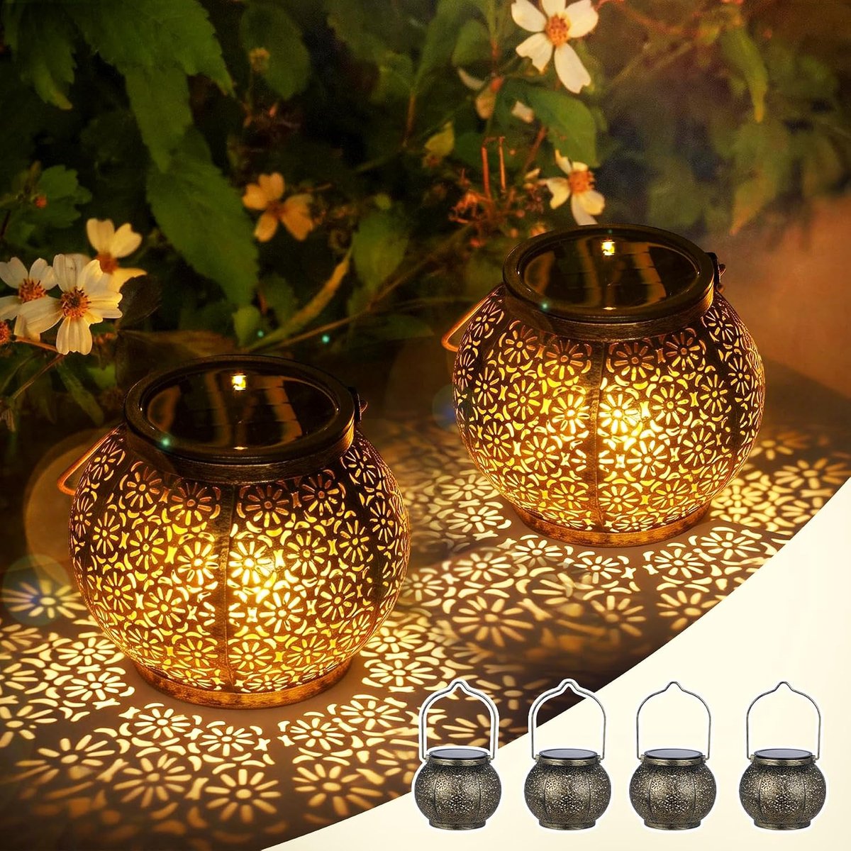 4 stuks lampen op zonne-energie voor buiten, hangend, IP65 waterdichte lantaarn op zonne-energie voor buiten met bloemenpatroon, metalen lantaarn op zonne-energie voor buiten, tuin