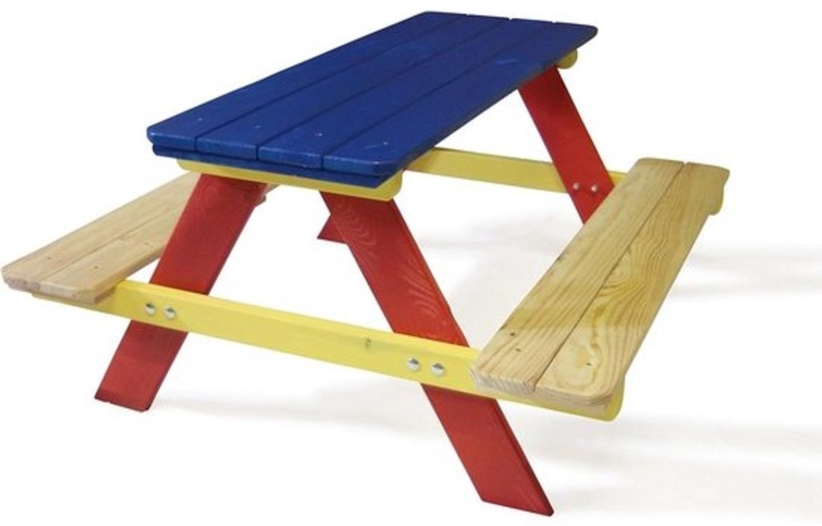 Kinderzitje Houten Bankje - Picknick Tafel - Buiten Spelen - Voor Vier Kinderen - L90 x B85 cm - Multicolor