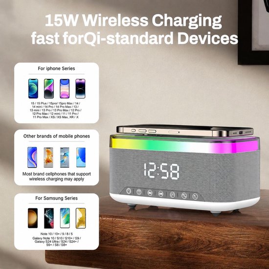 VHV - 5-in-1 Wireless LED Speaker - Draadloos - Bluetooth Speaker - 6 Ambient-lampen - Digitale klok, LED-display - Draadloze Muziek Box - Draadloze Oplader - Wireless charger - GSM Lader - voor iPhone/Android/iPad/Samsung van VHV — afbeelding 5