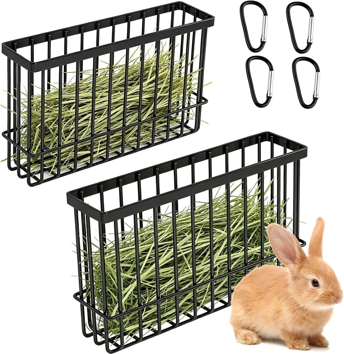 2 stuks hooibak konijn: zwarte hooi hangende voederdispenser, hooibak cavia's met haak, hooihouder voor konijnenhok, kleine dierenhok, hooi feeder voor chinchilla