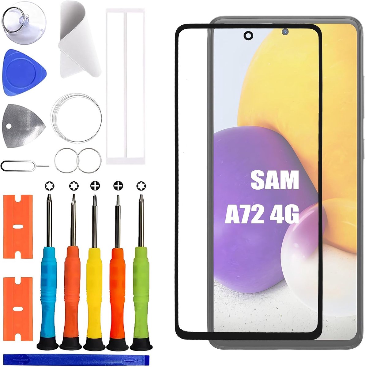 Galaxy A72 4G SM-A725F, SM-A725F/DS, SM-A725M, SM-A725M/DS display glas voorglas reparatie vervangende set [met OCA lijm] [geen LCD-scherm] 6,7 inch met gereedschapsset