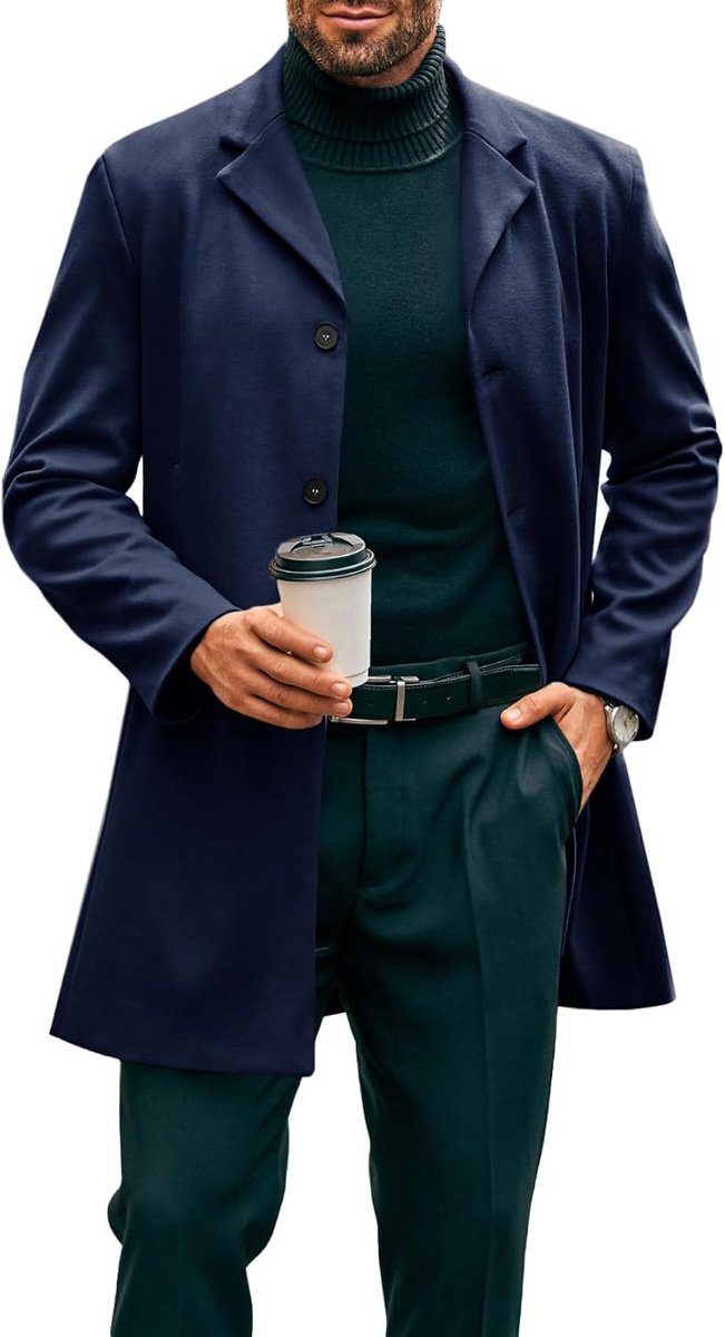 Herenmantel, lange trenchcoat, slimfit, winter, gekerfde kraag, jas, enkele rij, zakelijke overcoat