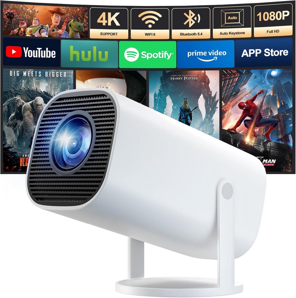 4K Full HD 1080P mini-projector, draagbare projector, compatibel met WiFi 6 en Bluetooth 5.4, 180 graden rotatie en automatische trapeziumcorrectie.