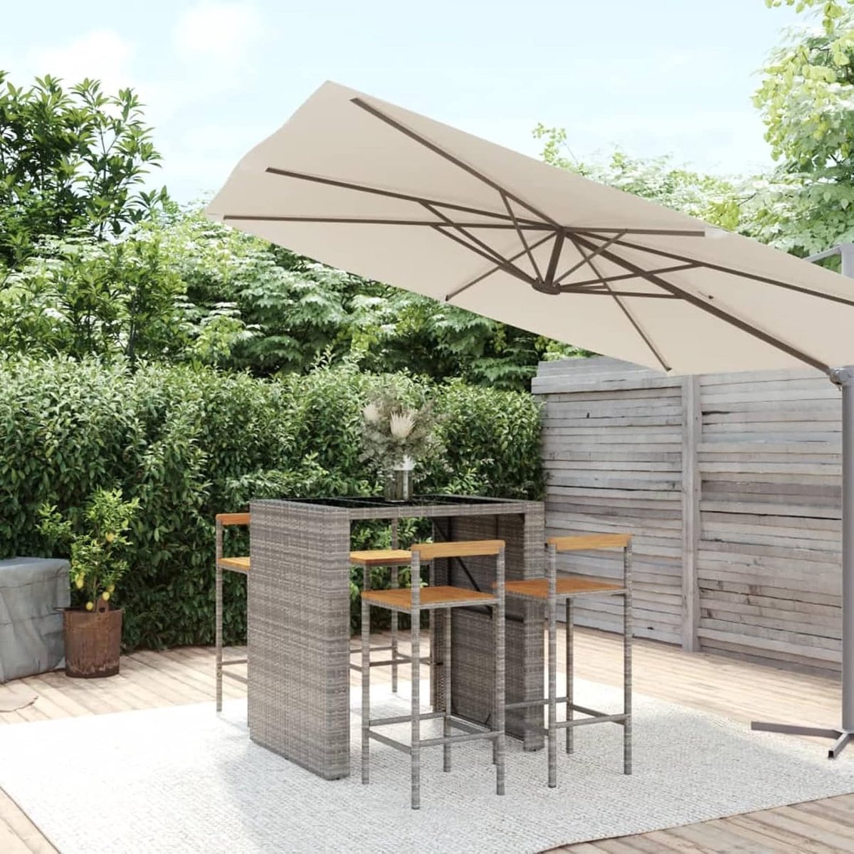 Tuinmeubelset, bartafel en kruk, 5-delig, acaciahout, rotan, PE-rotan, grijs, eettafels, terrasmeubels, terras, tuin