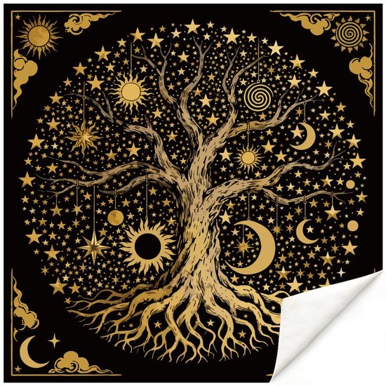 Zwart kleed met gouden levensboom, manen, sterren en zonnesymbolen. Rand met decoratieve gouden hoeken.