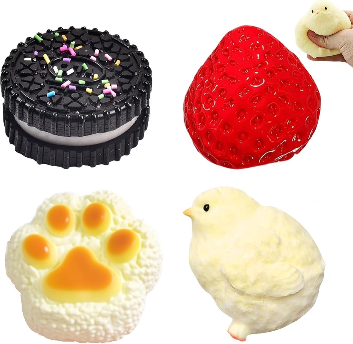 Set van 4 Taba Squishy, Fufu Squishy aardbei + hamster + kattenpoot + squishy speelgoedset voor stressvermindering, voor sensorisch spelen en als fidget-cadeau
