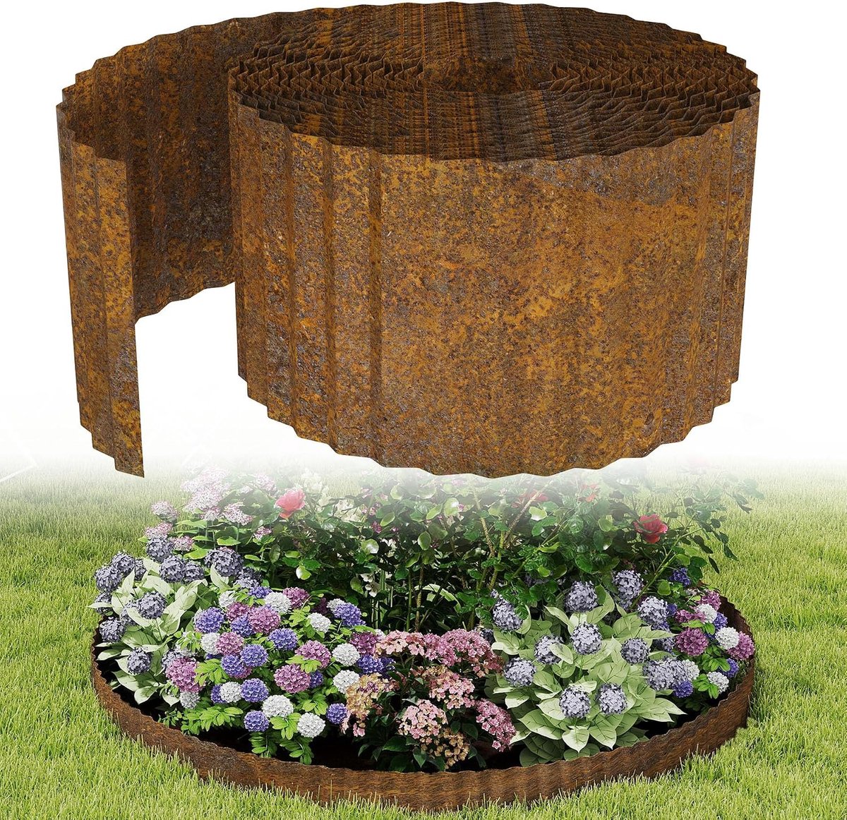 Gazonrand, metaal, bloembedbegrenzing, set, 15 cm hoog, 5 m lange tuinomranding, perkomranding, flexibele bloembedbegrenzing voor tuin, bloembedden, tuinwegen, golfvorm, roestkleur