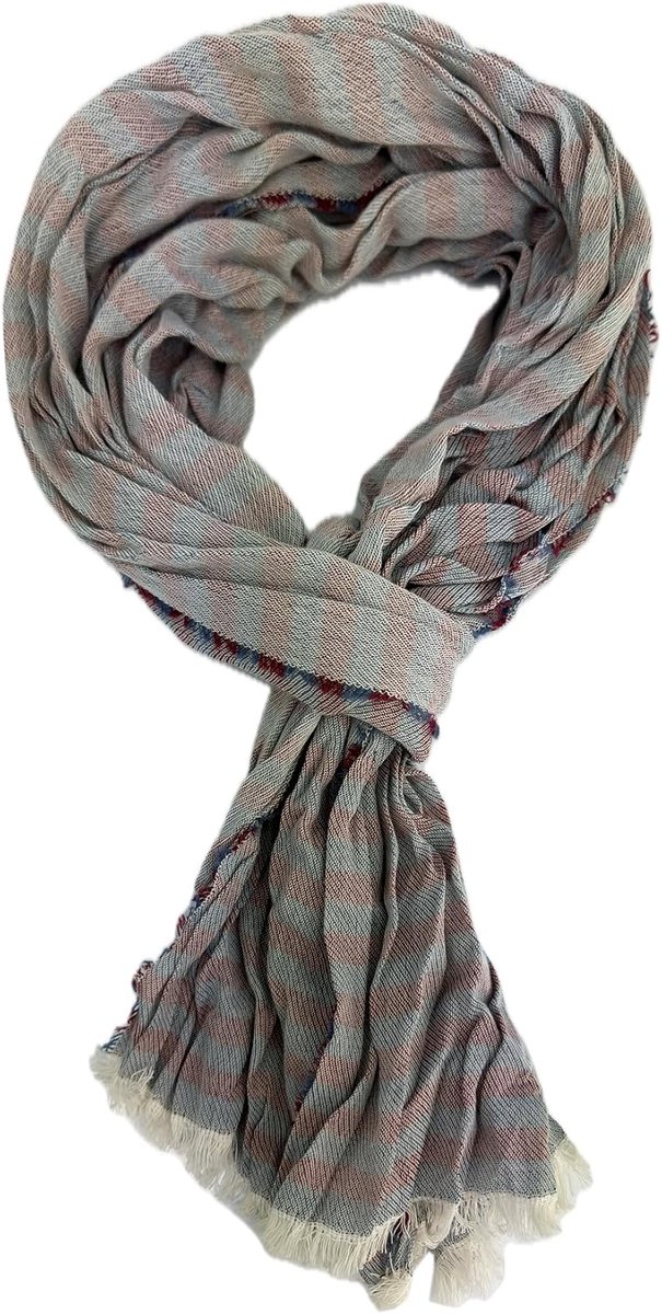 Katoenen sjaal damessjaal heren sjaal kreuklook strepenpatroon in groen geel bruin Made in Germany, rood, blauw, 180 x 20 cm (L X B )