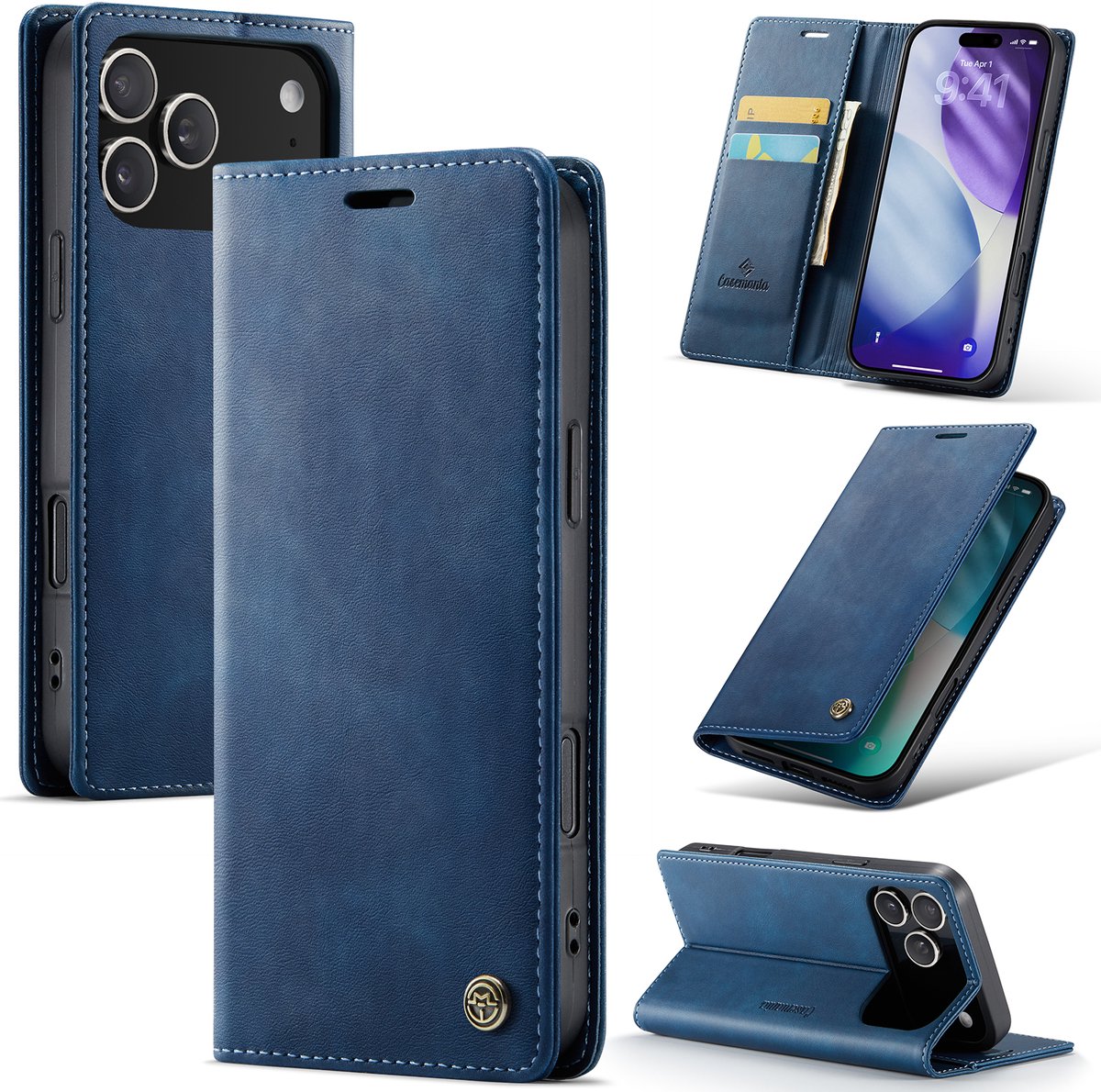 Casemania Hoesje Geschikt voor Apple iPhone 18 Pro - Navy Blue - Luxe Kunstleer Dunne Telefoonhoesje met Pasjeshouder en Standaardfunctie - Slim Wallet Case - Donker Blauw