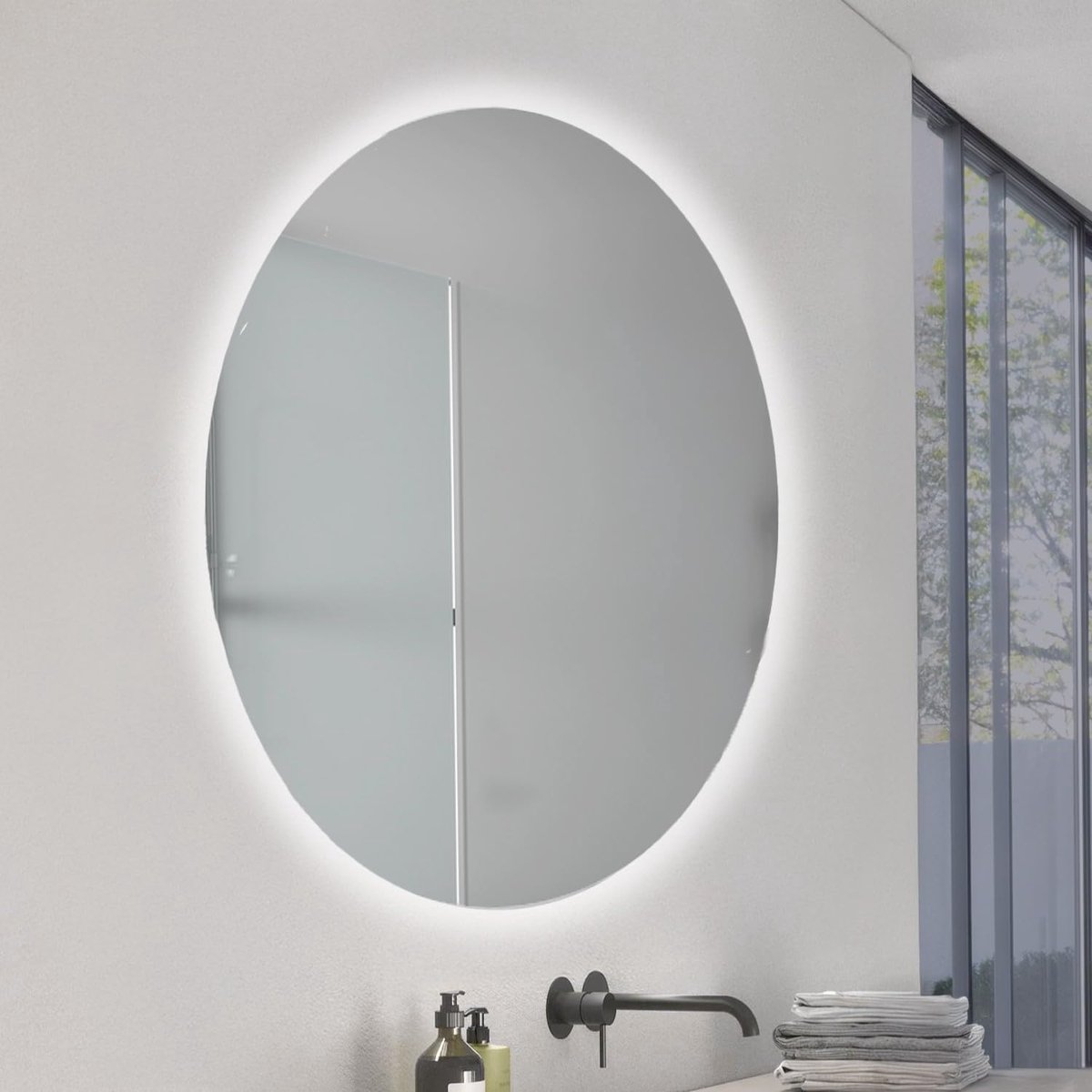 Ledme Badkamerspiegel met licht, 50 x 70 cm, ronde spiegel, 20 W, dimbaar, 3 lichtkleuren, touch-schakelaar, HD-gehard glas, IP44, horizontaal/verticaal