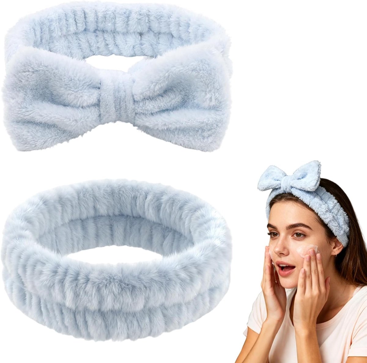 2 stuks Spa bowknot hoofdband voor dames, elastische make-up haarband, coral fleece make-up haarband, cosmetica hoofdband voor gezichtswas, douche, huidverzorging, yoga en sport (blauw)