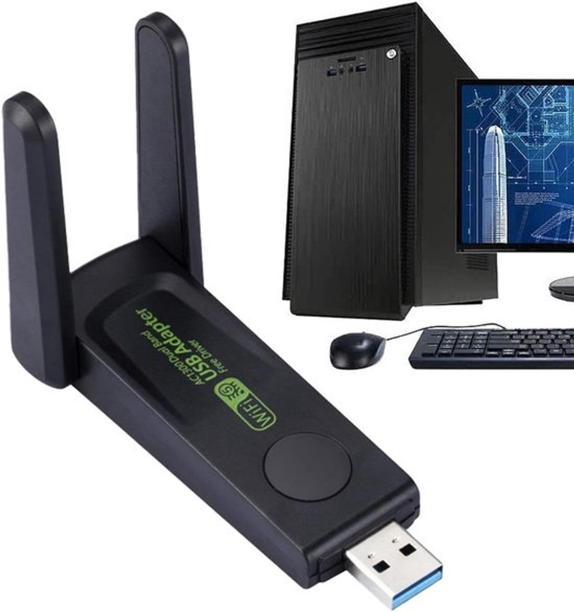 Wifi Dongle - Netwerk Adapter - Internet Verbinding - Dubbel Band - 1300Mbps - Zwart