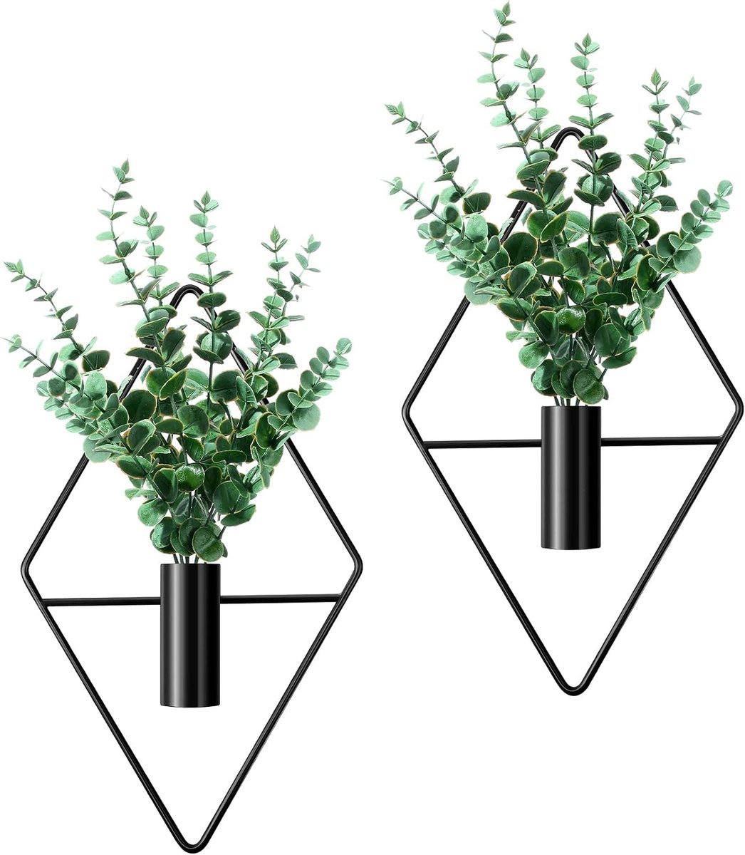 2 stuks hangende bloempotten met kunstplanten, metalen wandvaas, bloemenhanger voor binnen, moderne geometrische hanglamp voor woonkamer, appartement, kantoor, wanddecoratie (zwart, eucalyptus