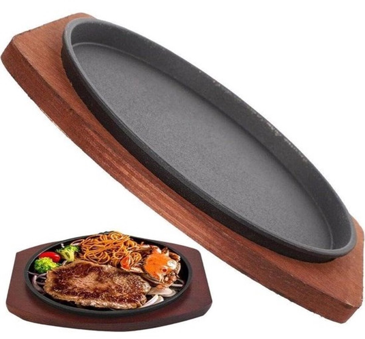 Gegoten Steak Plaat Sizzle Bakplaat Nonstick Fajita Koekenpan Server Plaat Met Houten Base Steak Plaat Pizza Oven BBQ Accessoires