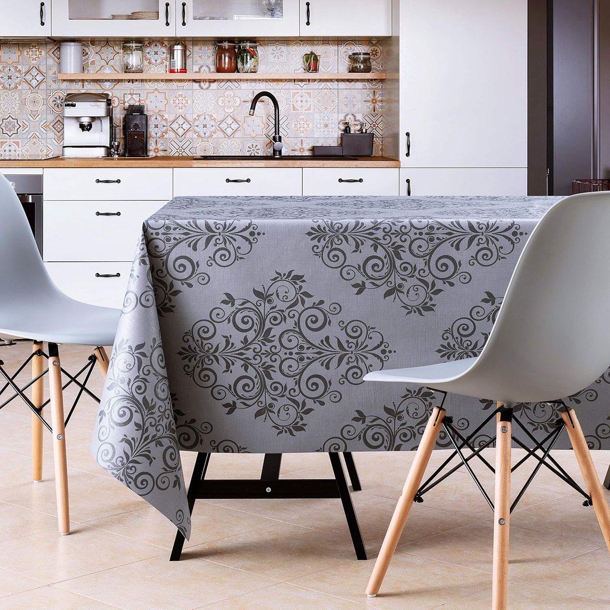 PVC afwasbaar tafelkleed rechthoekig 300 x 140 cm / 118 x 55 inch - donkergrijs poef afwerking afveegbaar tafelkleed tot 10 zitplaatsen - waterdicht vinyl tafelzeil, barok-oriënterend