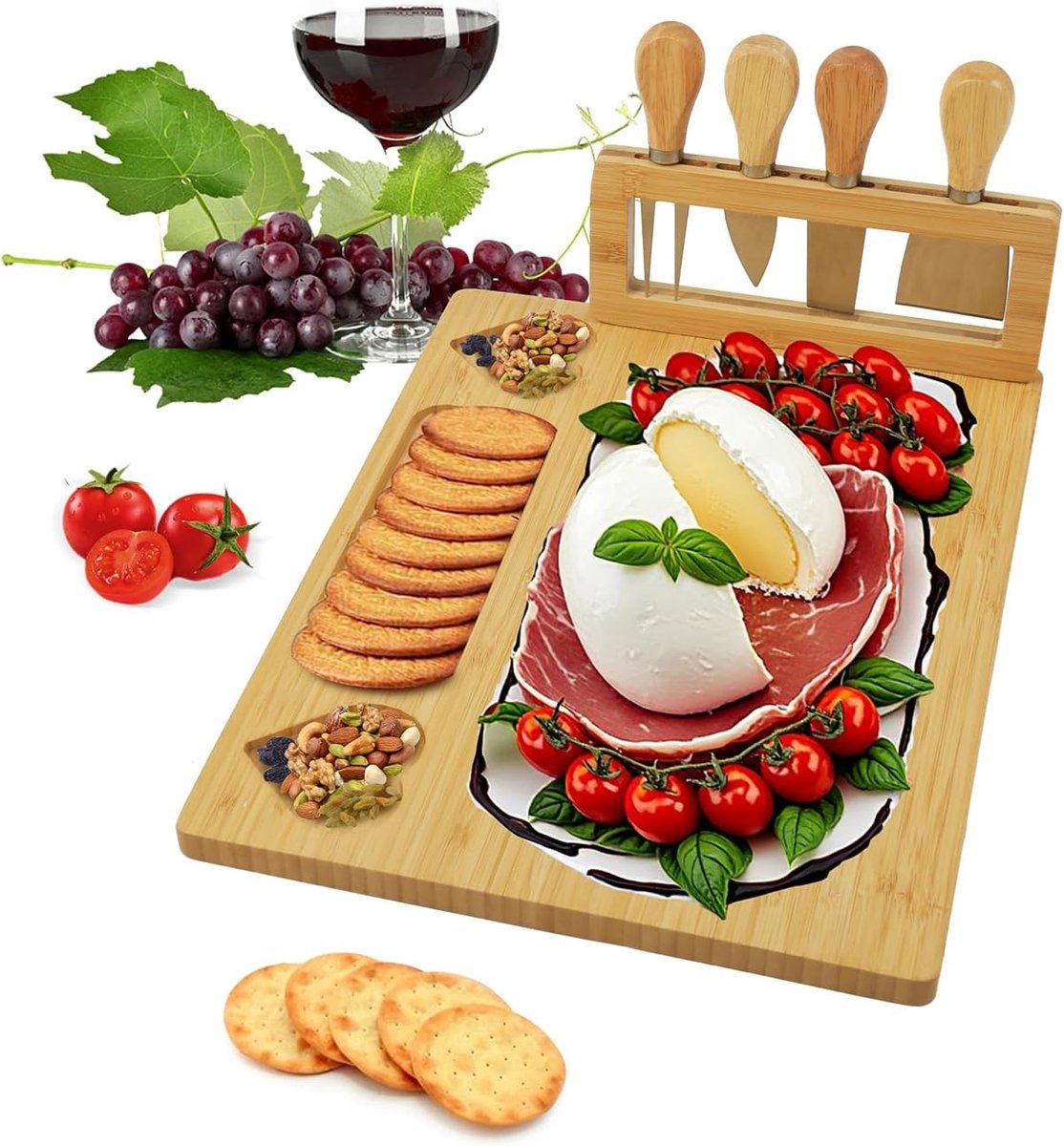 Kaasplank en set van 4 messen - Gepersonaliseerd Charcuteriebord cadeau set, Bamboe borrelplank voor thuis, housewarming, kerst, bruiloft, verjaardagen, jubileum