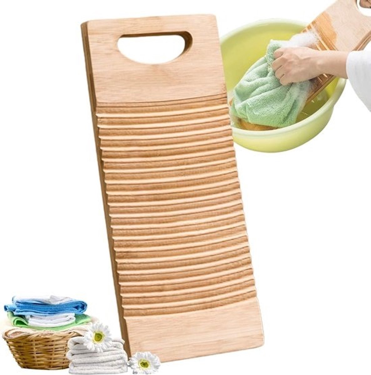 Houten Wasplank - Schrobplank Handwas - Kleding Wassen - Golvend Patroon - 40x15x1.5cm - Natuurlijk Hout