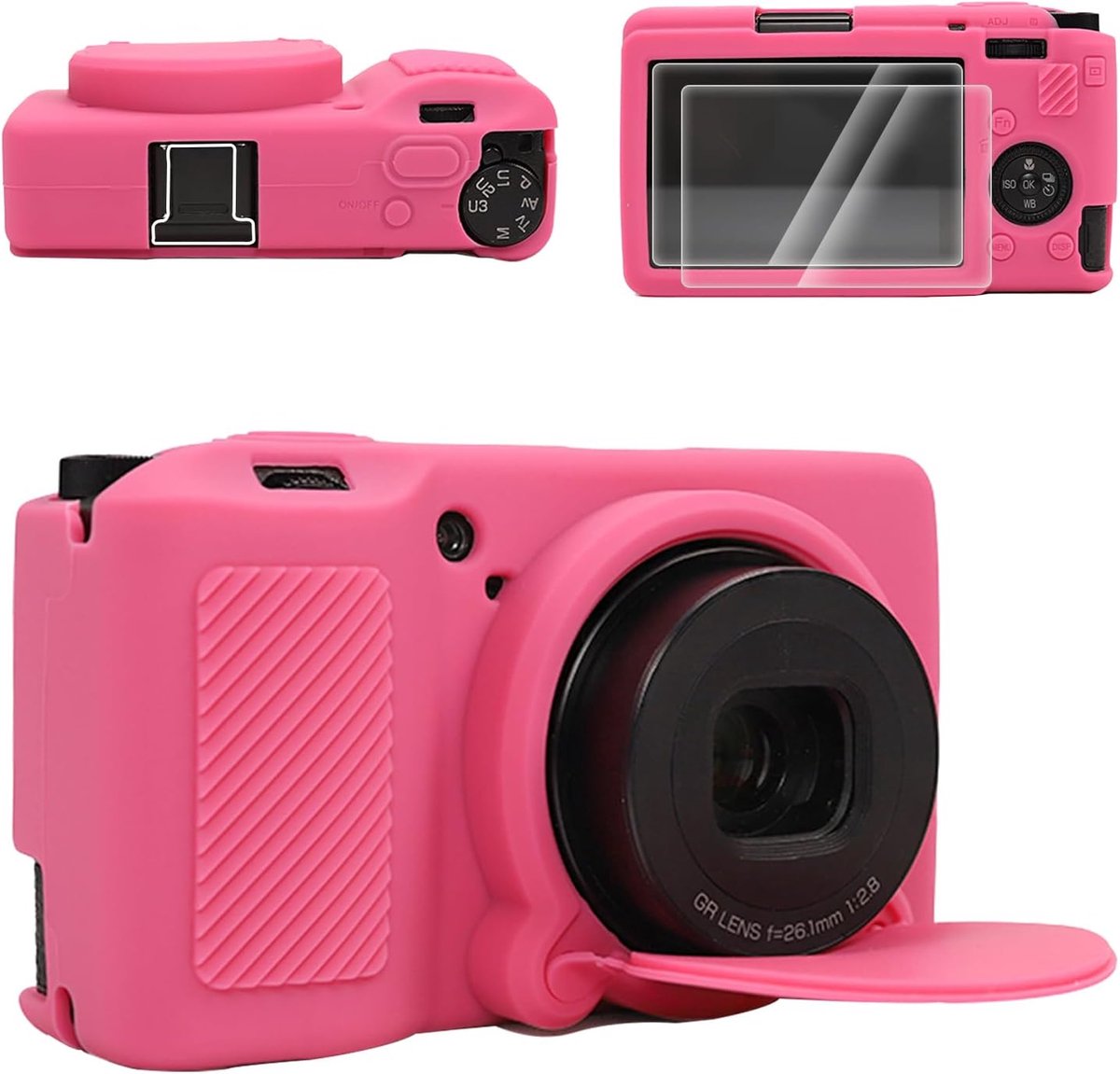 Siliconen hoesje voor Ricoh GRIII/GRIIIx/GR3/GR3X, 1 x screenprotector, 2 x hot shoe cover: GRIIIx beschermhoes voor Ricoh GR III, afneembare lenshoes, lichtgewicht, Bubblegum pink., camera