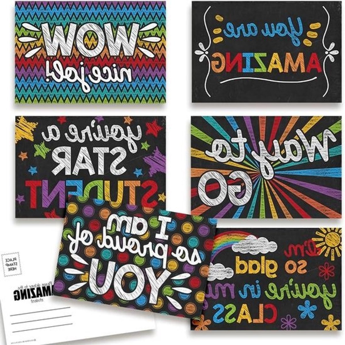 Ansichtkaarten - Notitiekaarten - Welkom studenten - Krijtbord thema - 30 stuks - Wit