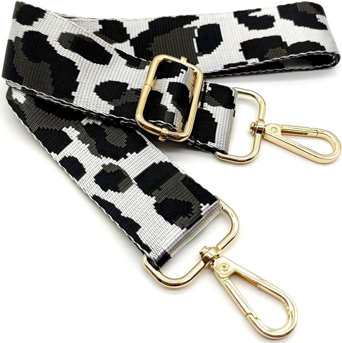 schouderriem voor tassen, wit luipaardpatroon, tasriemen om te wisselen, tasriem breed met gouden karabijnhaak, 80-130 cm, voor dames, schouderriem, handtas, 3,8 cm, 56