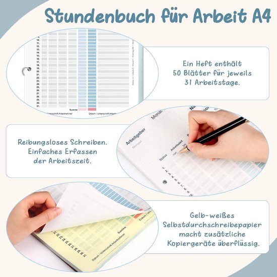 5 boeken, urenboek voor werk, A4, werktijdregistratie, blok voor 31 dagen, uurbewijs, maandelijks met rugkarton, werktijdregistratie, boek, uurlijst voor minijob, volledige tijd, 2 x 50 vellen, wit — afbeelding 3