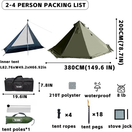 Hot Tent met Houtkachel Jack Winter Tipi Tent 4 Seizoen Backpacken Tent voor Survival Jacht Militaire Vissen — afbeelding 3