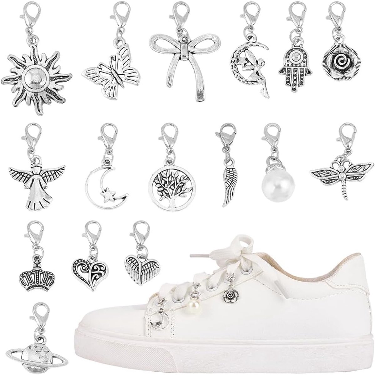 32 stuks clip 5 stijlen op bedelhangers schoenen van legering, bedelhangers met kreeftsluiting, Tibetaanse stijl, veterschoenen, accessoires voor sneakers, canvas schoenen