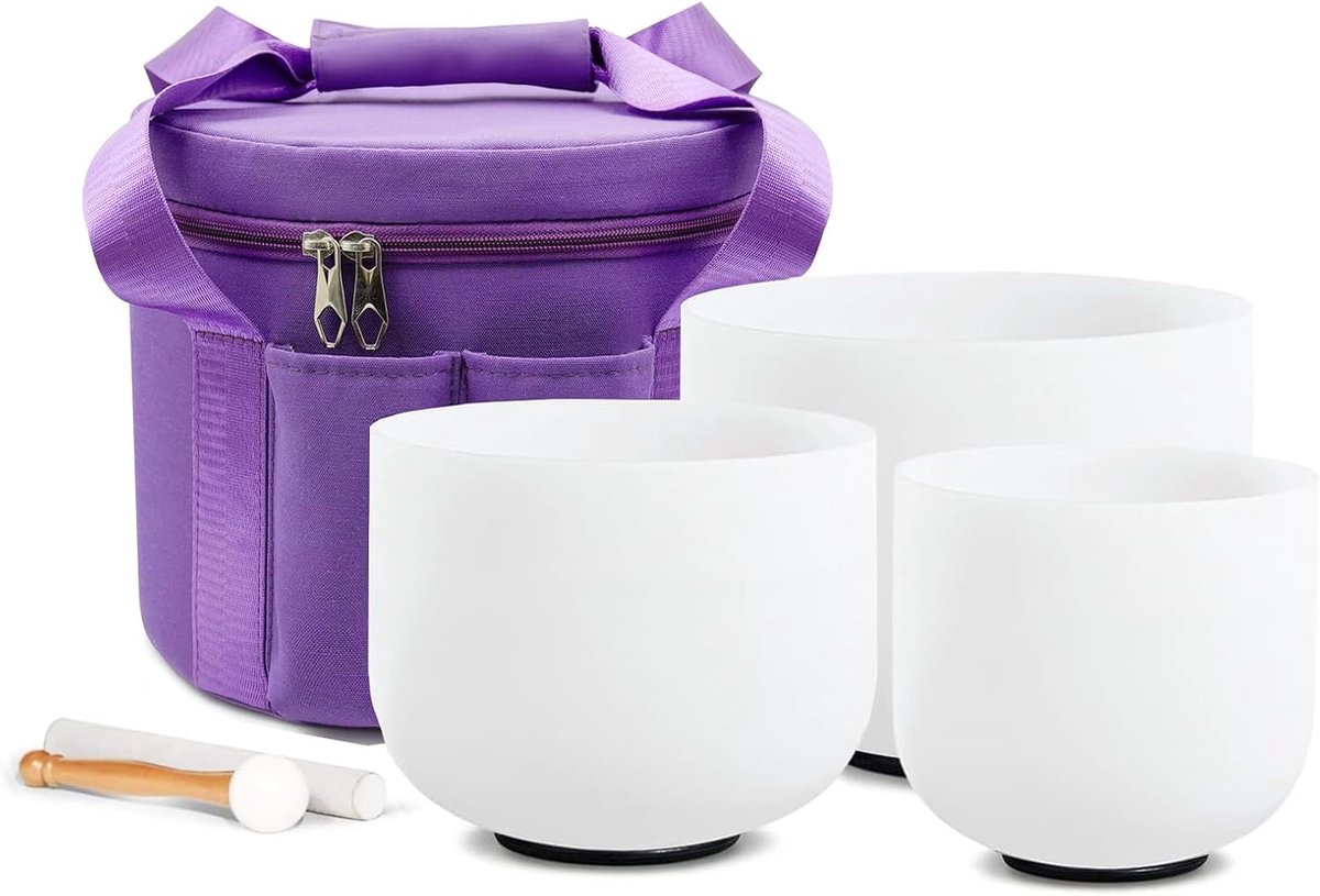 Klankschalen, 432 Hz, wit, 6-10 inch B, G, E, met draagtas voor meditatie, yoga, muziektherapie en klankgenezing