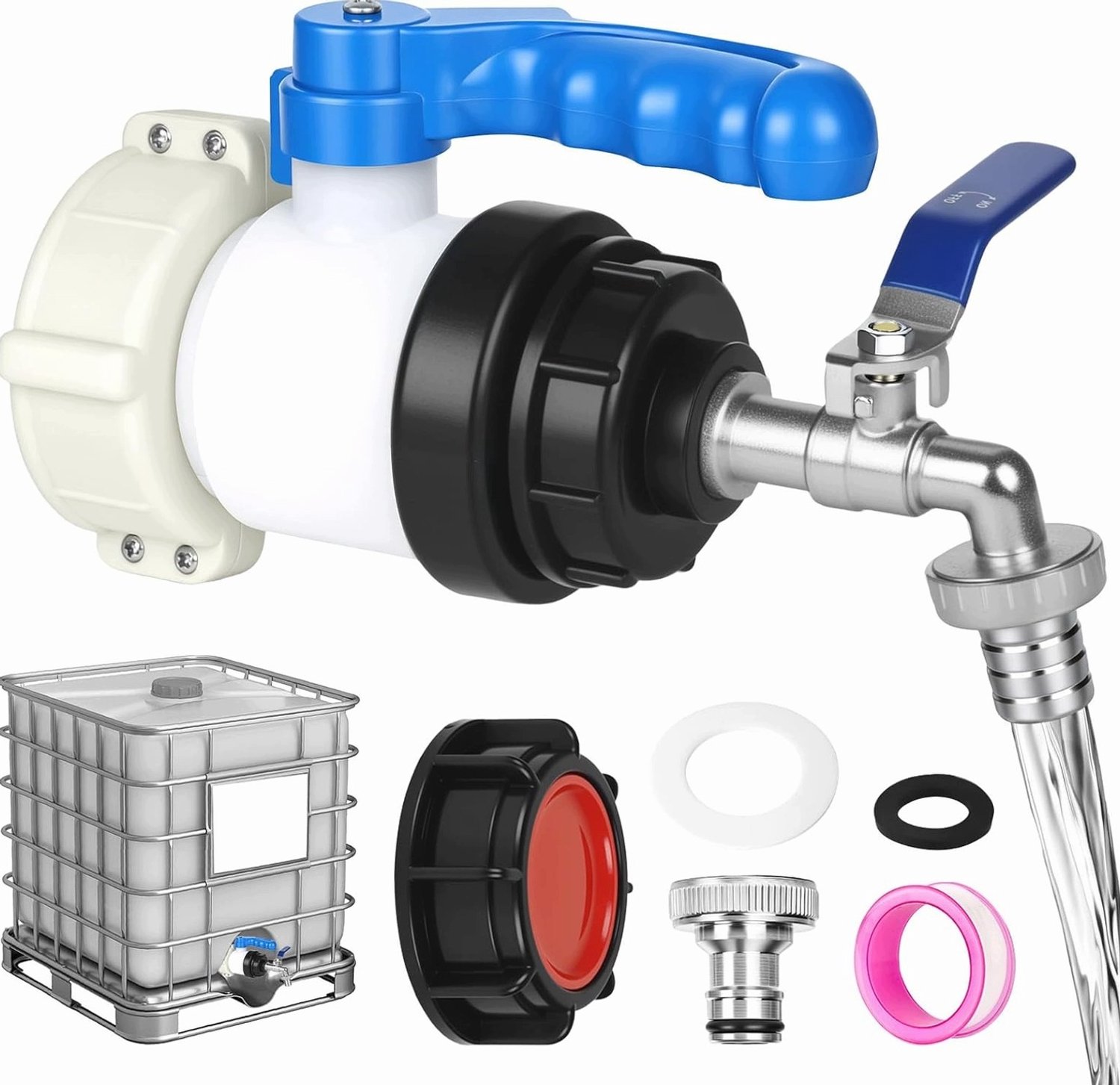 IBC Tank Kraan Adapter DN50 75mm met 3/4" Kugelkraan