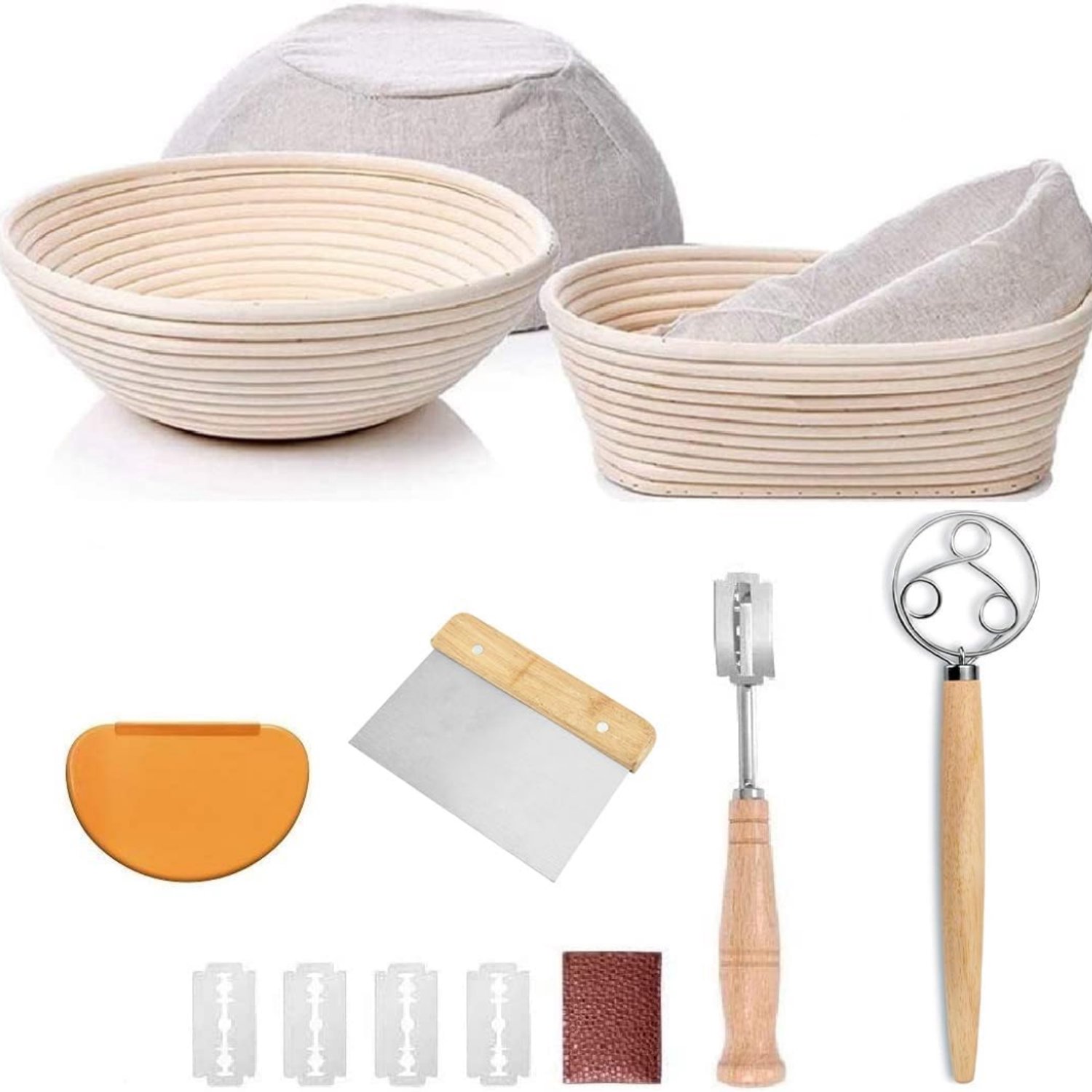 Levo® Rijsmandje Broodbakken - Rijsmandje Brood - Rijsmand Rond - Banneton - Deegkleed Linnen - Zuurdesem Starter Set - Deegmand Met Linnen Inzet + Deegschraper + Broodmes - Beige - 33cm x 27 cm x 14cm