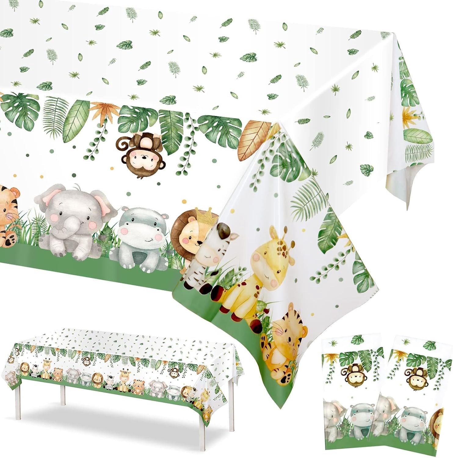 Set van 2 Jungle Party Verjaardagstafelkleden voor Kinderen 137 x 274 cm - Safari Verjaardagsdecoratie, Dieren Motieven, Feestartikelen voor Jongens en Meisjes