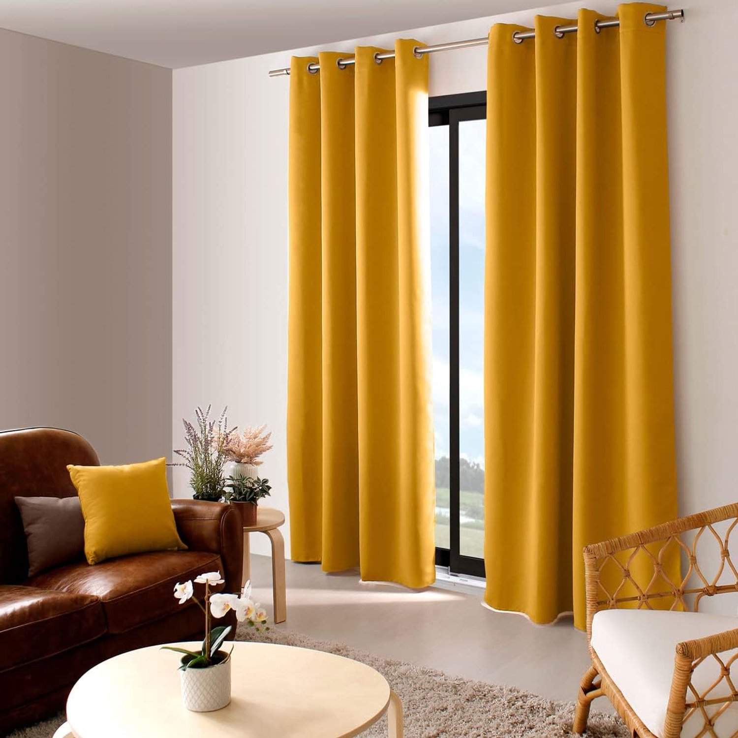 SnelShoppen - Mustard Gele Blackout Gordijn 140x240 cm - Zijden Look - 100% Polyester - Met 8 Silver Eyelets - Oeko-Tex Certificaat - Licorice Collect