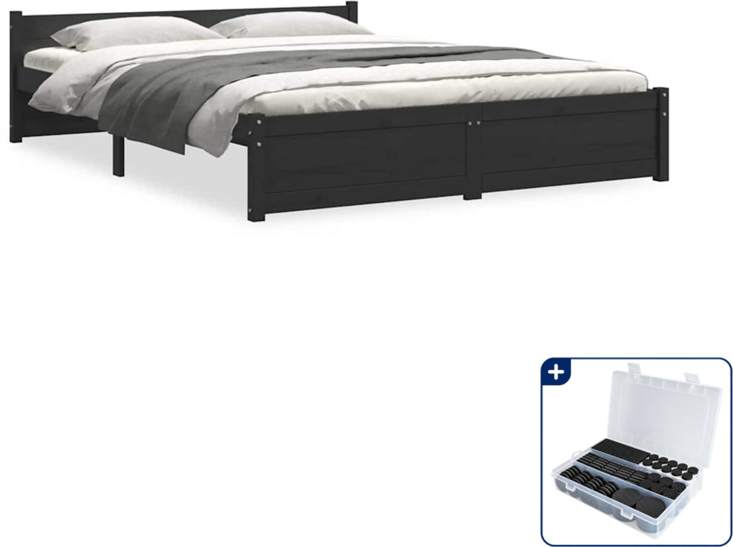 vidaXL bedframe 140 x 190 cm - massief grenenhout - zwart - Inclusief antikrasvilt 177-delig