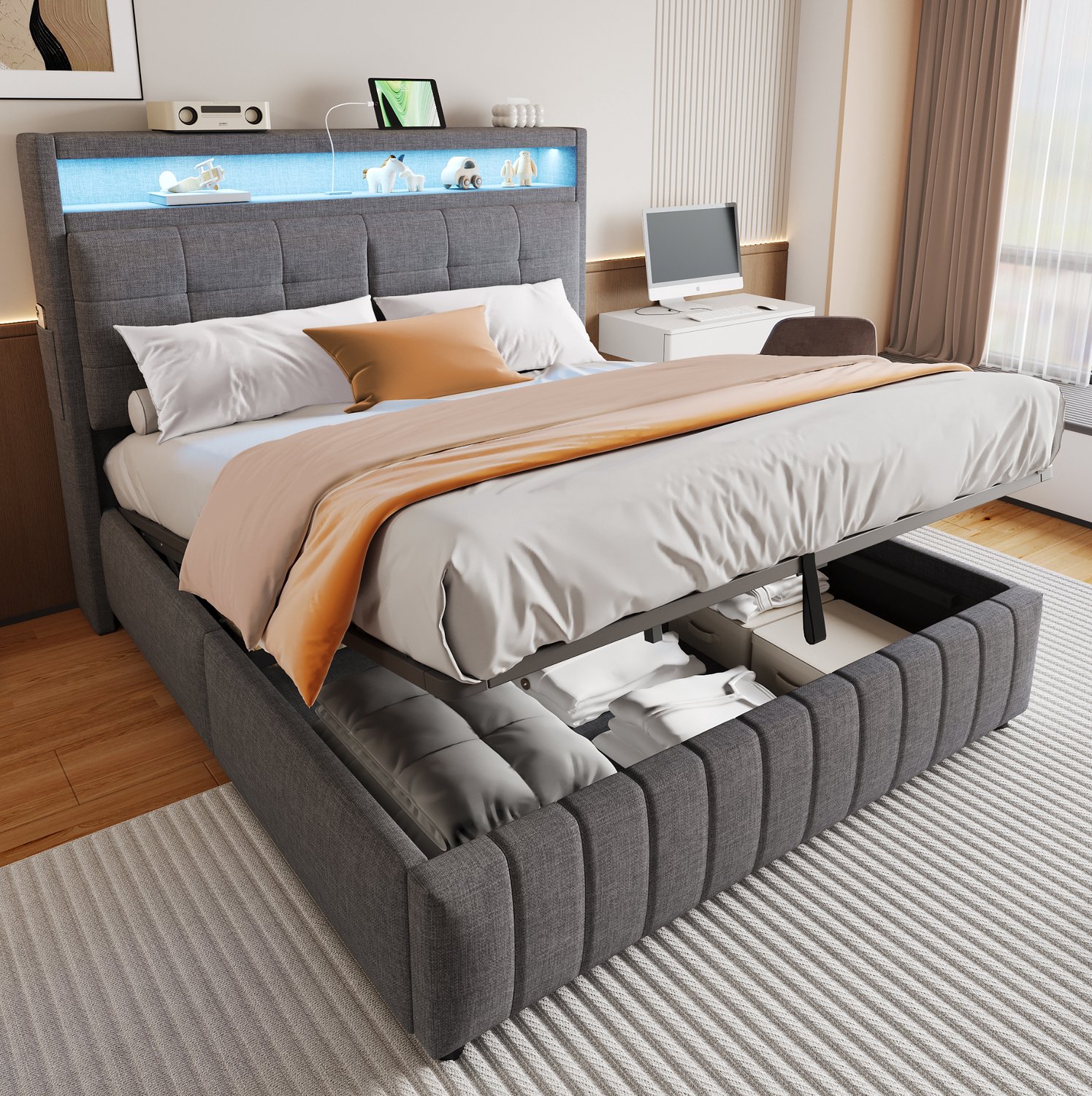Maisentiel Gestoffeerd bed 160 x 200 cm - grijs, hydraulische opbergruimte, led en USB