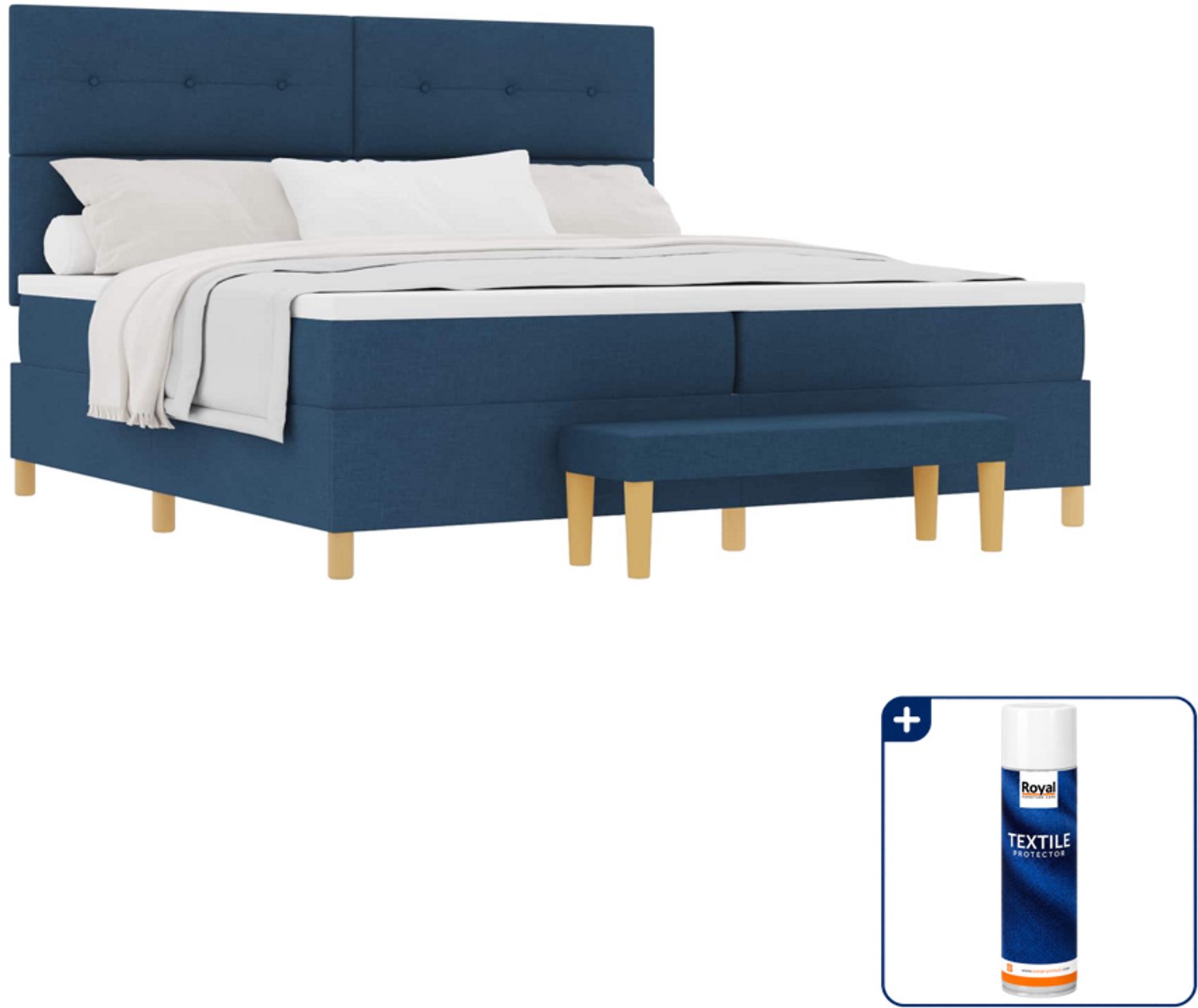 vidaXL boxspring met matras en bank - 200 x 200 cm - blauw - Inclusief textielbeschermer 500 ml