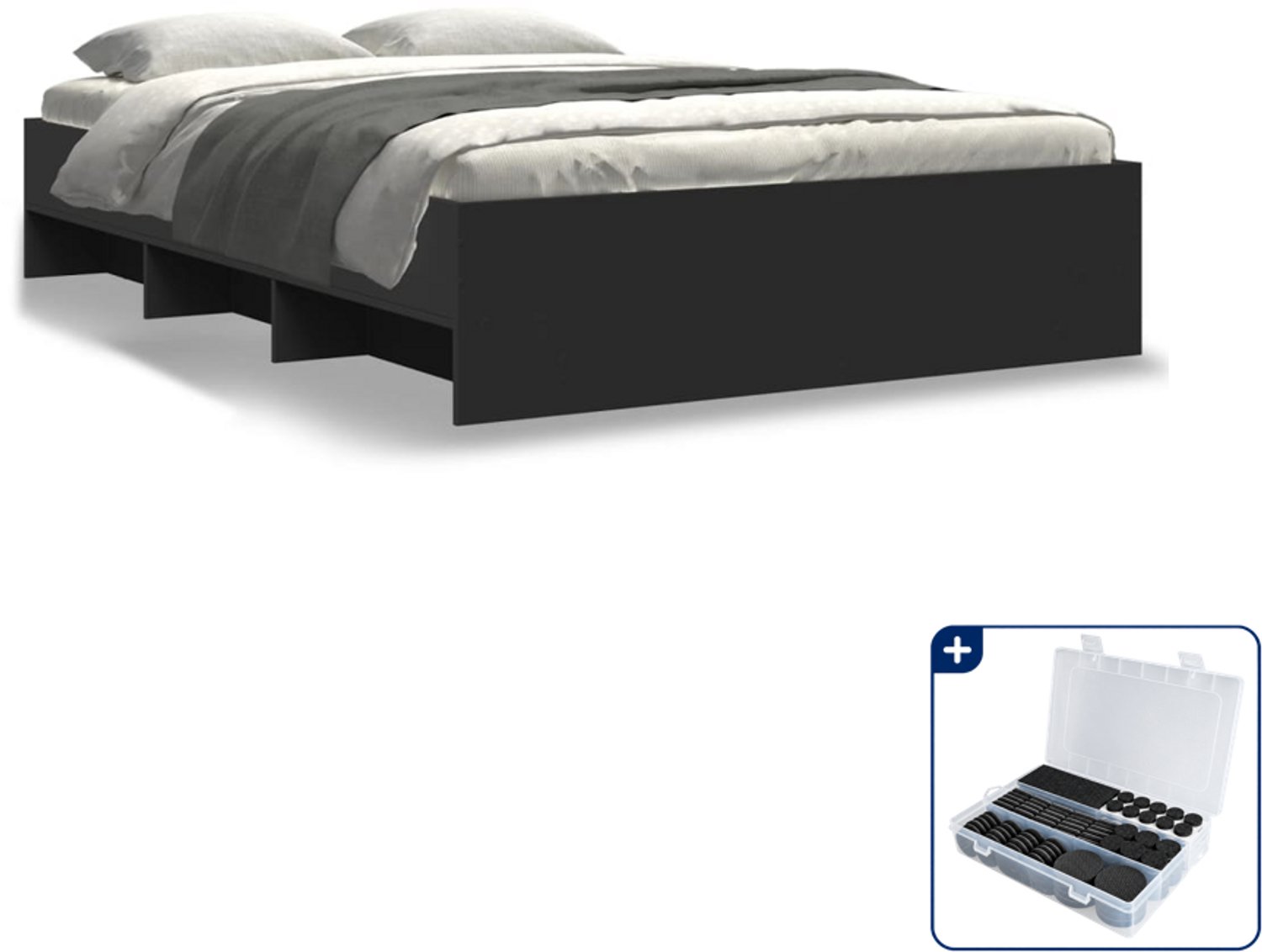 vidaXL bedframe - 135 x 190 cm - bewerkt hout - zwart - Inclusief antikrasvilt 177-delig Wit