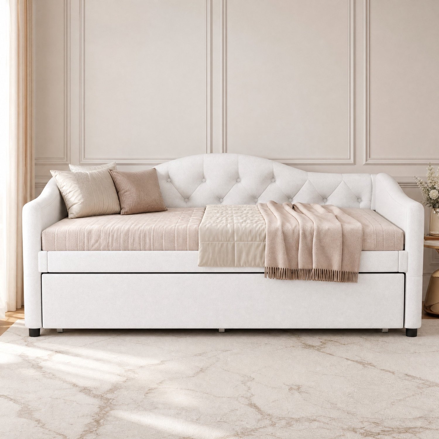 Maisentiel Slaapbank met uitschuifbaar bed – 90 x 200 cm – beige linnen Wit