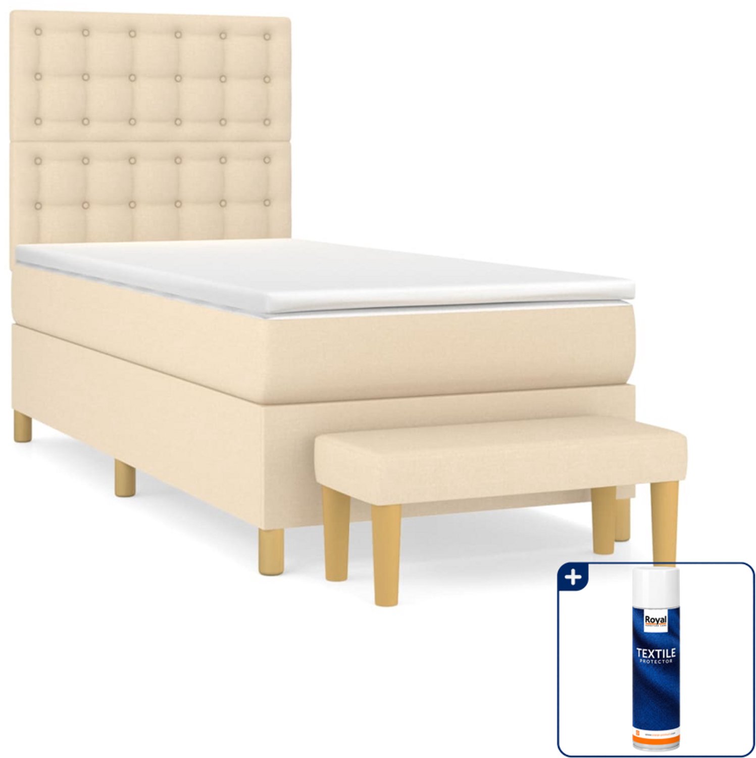 vidaXL Boxspring met matras en bankje - 100 x 200 cm - crèmekleurig - Inclusief textielbeschermer 500 ml
