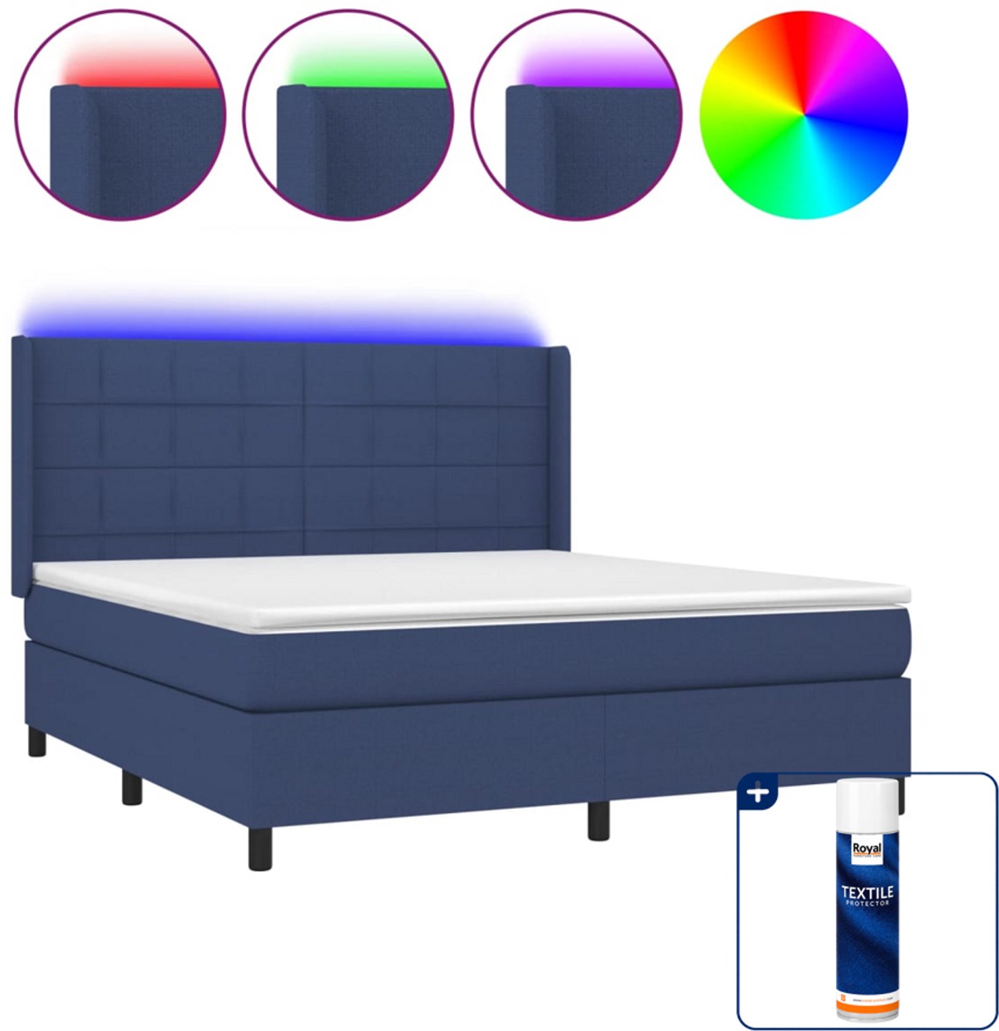 vidaXL boxspring met matras en LED - Queensize - 160 x 200 cm - blauw - Inclusief textielbeschermer 500 ml