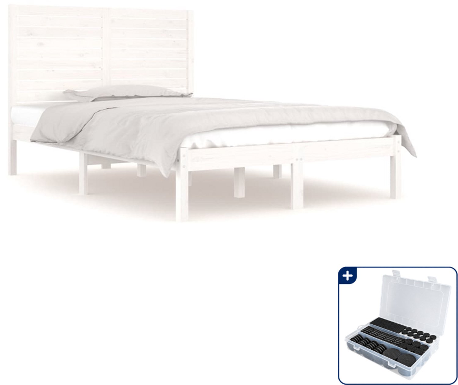vidaXL bedframe - 140 x 190 cm - massief grenenhout - wit - Inclusief antikrasvilt 177-delig Blauw