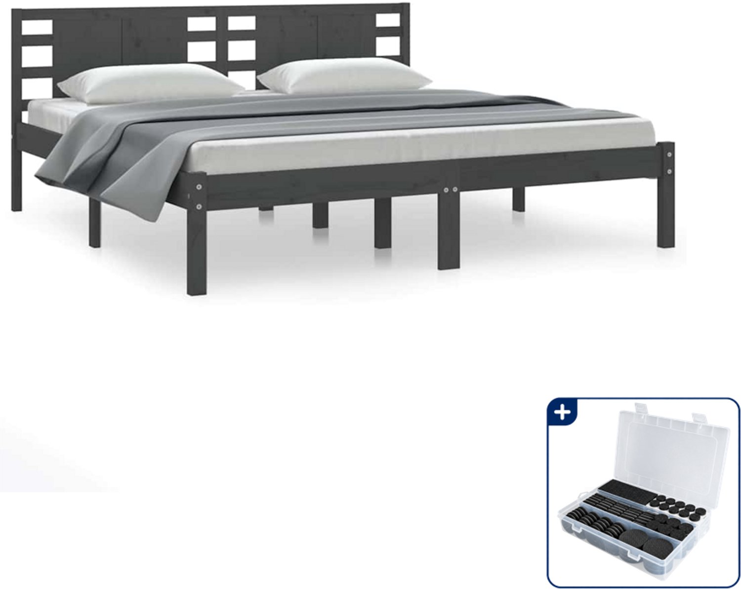 vidaXL bedframe - 200 x 200 cm - massief grenenhout - grijs - Inclusief antikrasvilt 177-delig Bruin