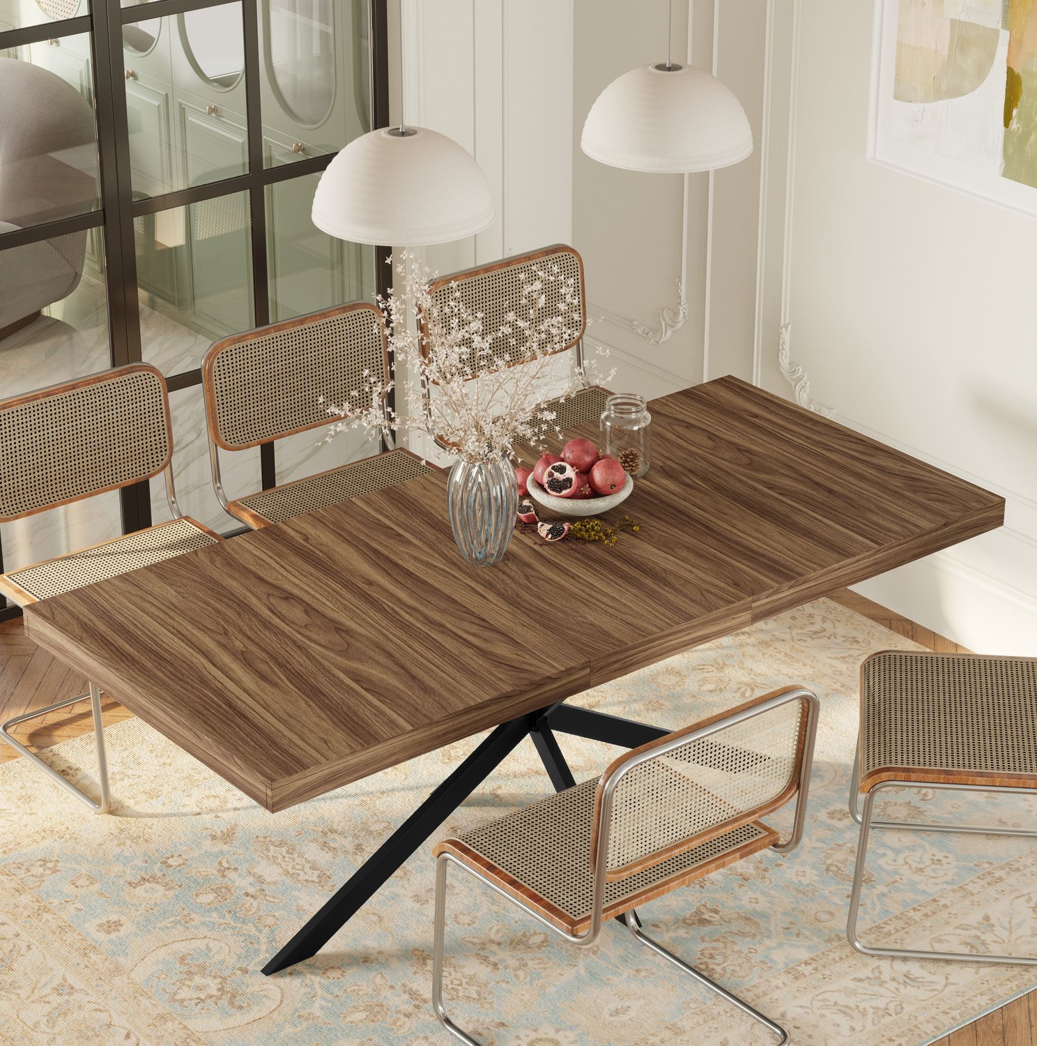 MODENUIT Eettafel - Uitschuifbaar - voor Eetkamer - MDF en Metaal - Walnootkleur - 140-180 x 80 x 76 cm Walnootbruin