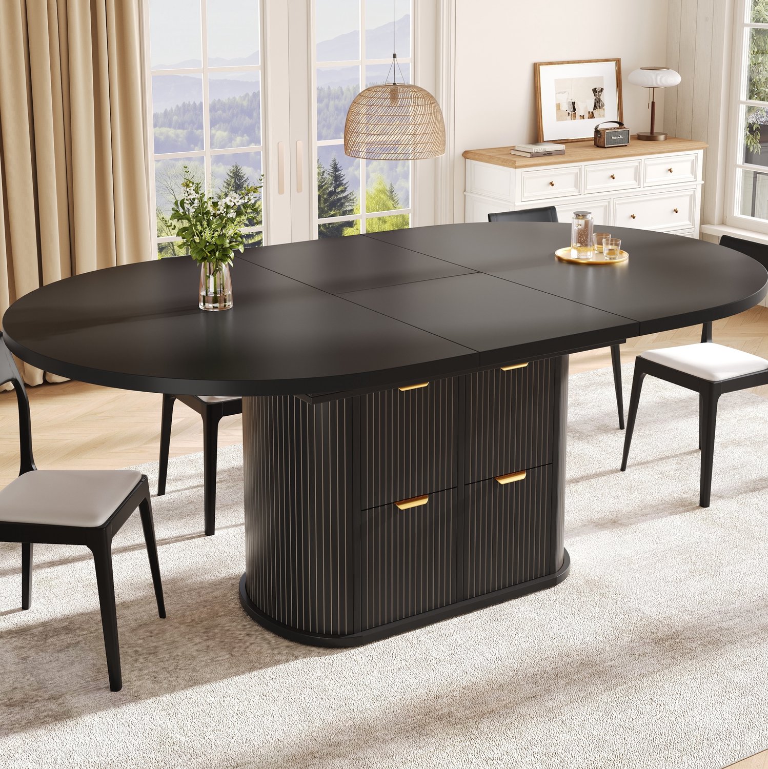 Maisentiel Uitschuifbare ovale eettafel met opbergruimte en 2 lades - 118-158 cm - zwart
