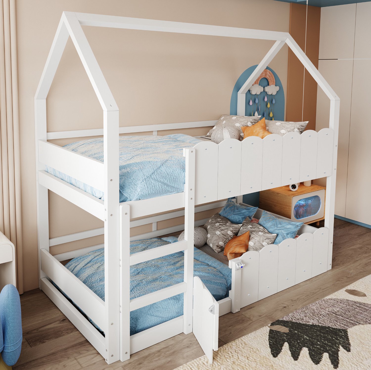 Maisentiel Kinderstapelbed 90 x 200 cm – huisvorm, uitvalbeveiliging en lattenbodem – wit
