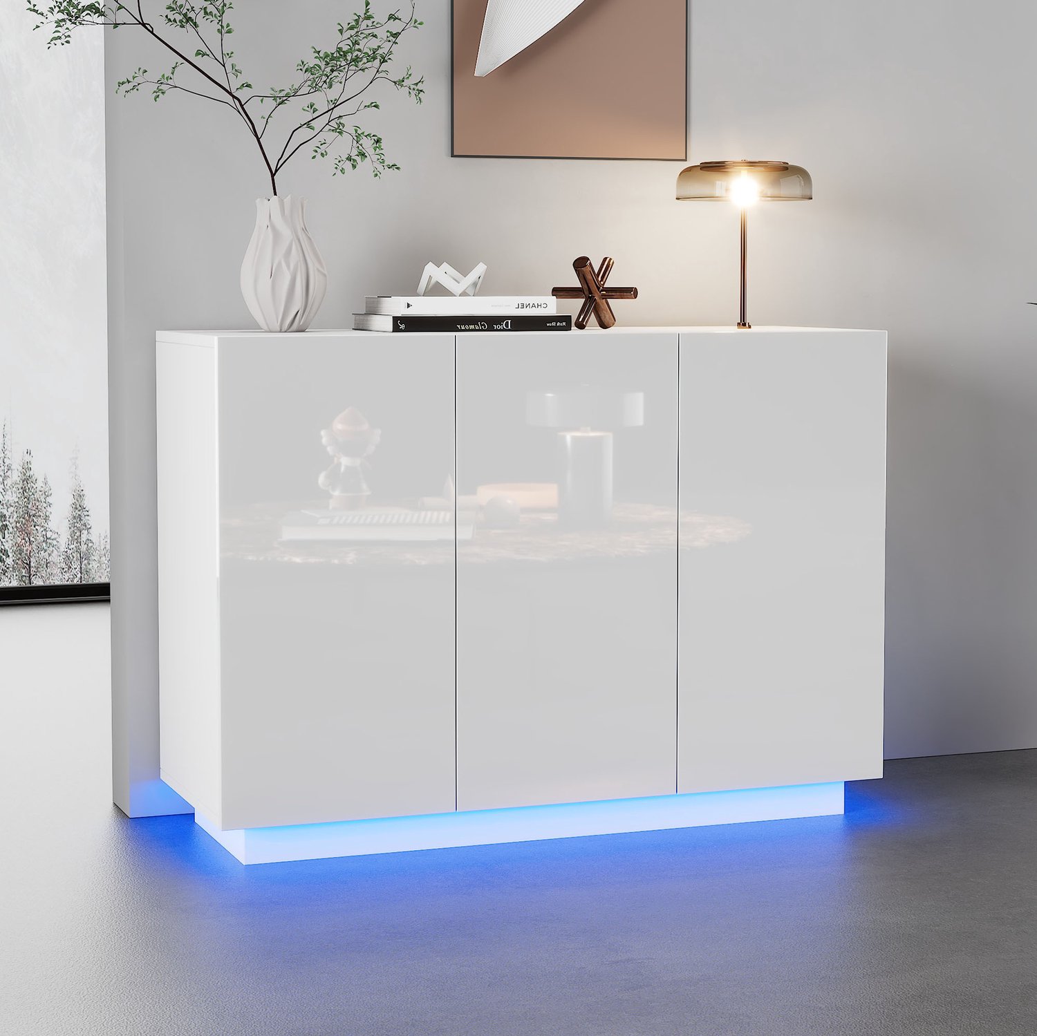 DantefHandels Bijzettafel en Opbergkast, Wit Hoogglans Dressoir 120 x 40 x 75 cm, open en gesloten opbergruimte, LED-verlichting in de plint, moderne kast voor eetkamer en hal, bijzettafel en opbergkast