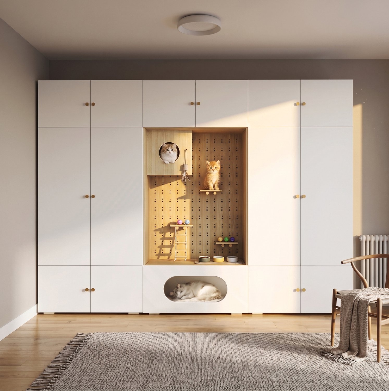 REDOM Kledingkast 270 x 50 x 200 cm - Met kledingroede en kattenklimwand - Wit en houtlook