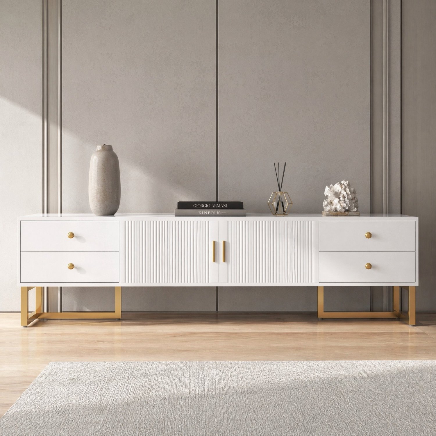 Maisentiel Tv-meubel 175 cm wit MDF - 4 lades, 2 deuren en goudkleurige poten