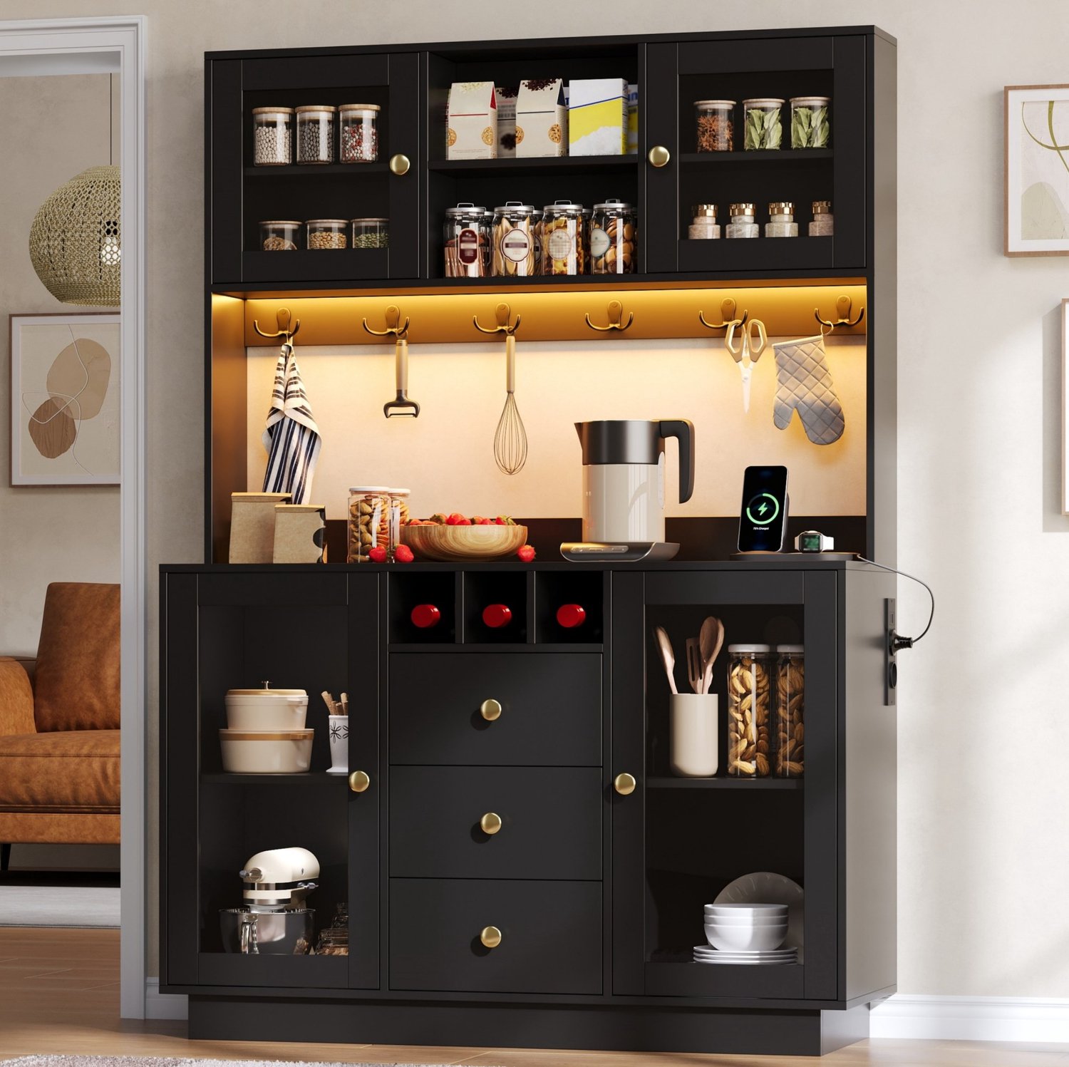 HAUSS SPOLE Keukenkast - Hoge Kast Met Ledverlichting En Stopcontacten - Voor Keuken En Eetkamer - Mdf En Spaanplaat - 120x40x170 Cm - Zwart