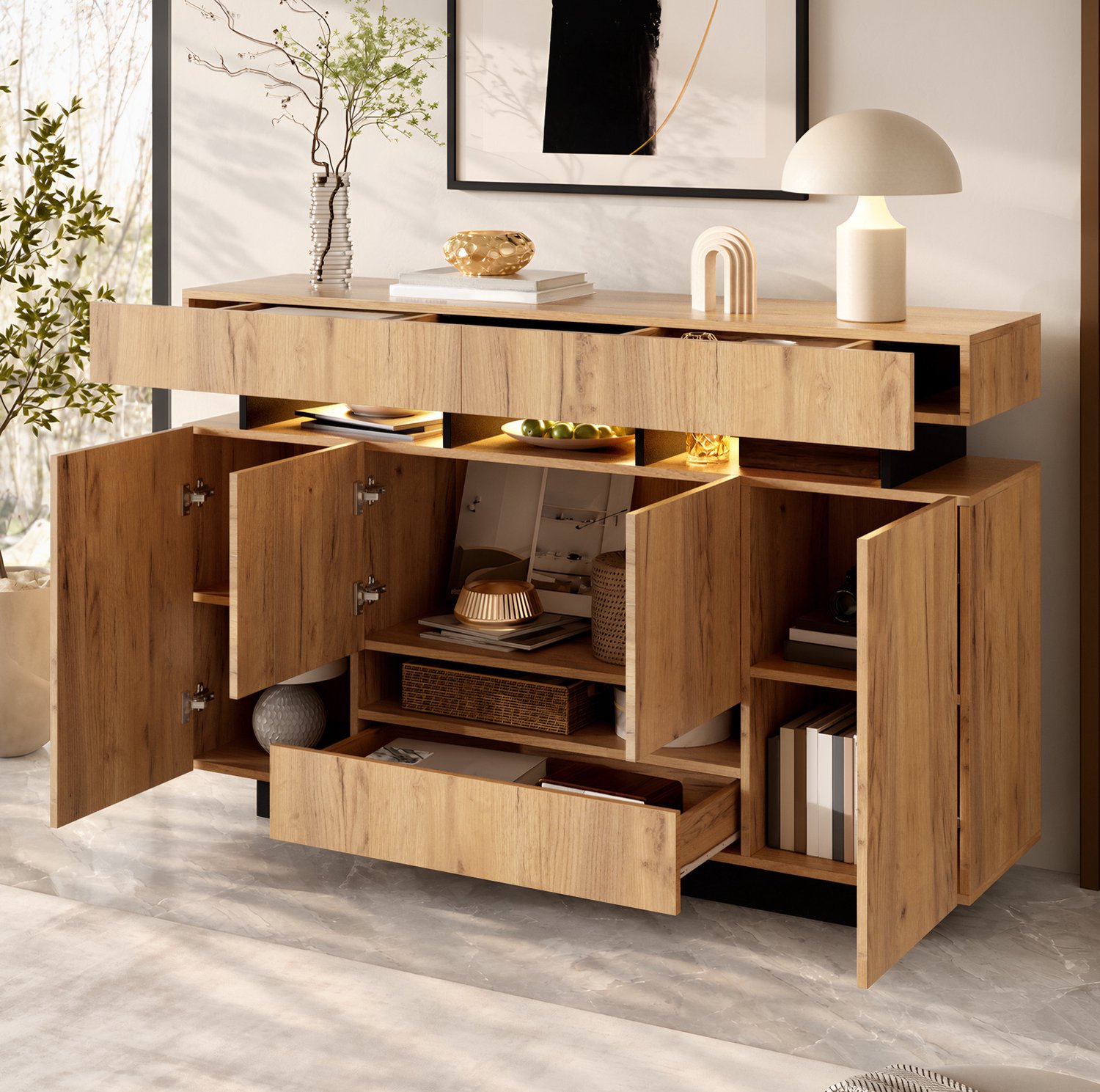REDOM Dressoir 140x35x90 cm - 4 deuren, 3 lades en open vakken - RGB-verlichting met appbediening - Naturel/zwart Naturel, zwart