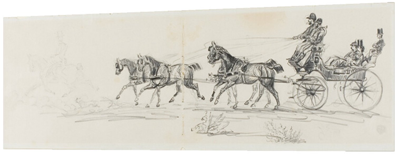 Printen.eu Poster - Horse-Drawn Carriage Preceded by Single Rider (recto); Man Riding Horse with a Blanket and Sketches of Heads, Horses and Triumphal Arch (verso) - 45.1 x 15 cm Multicolor